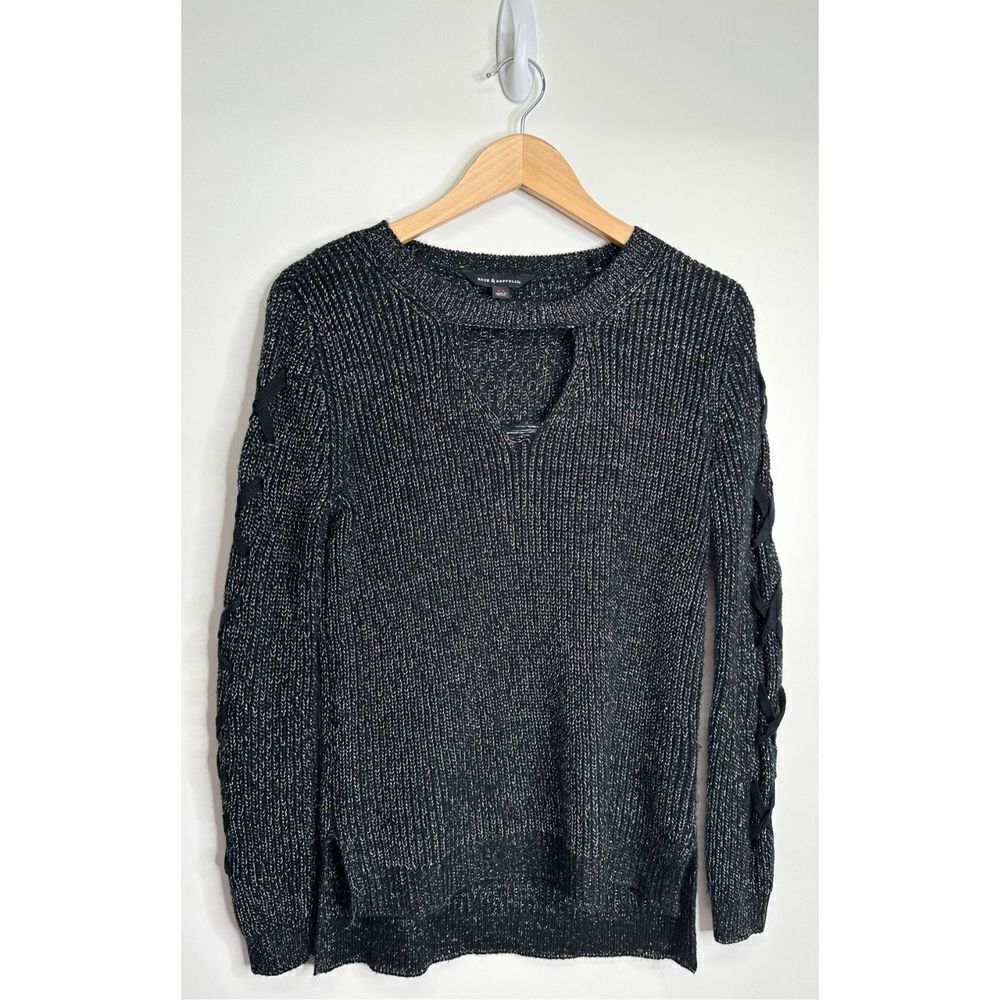 Rock & Republic Sweater Womens XS Crisscross Sleeves Crewneck Black with Shimmer